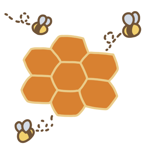 7 orange hexagons with a yellow outline interconnected, there are three bees flying around it